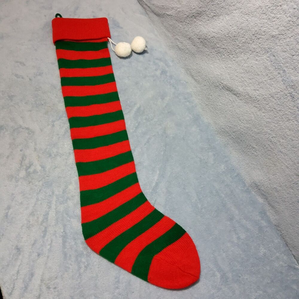 Vintage 25" Long Red Green Striped Knit Christmas Stocking White Pom Poms Retro